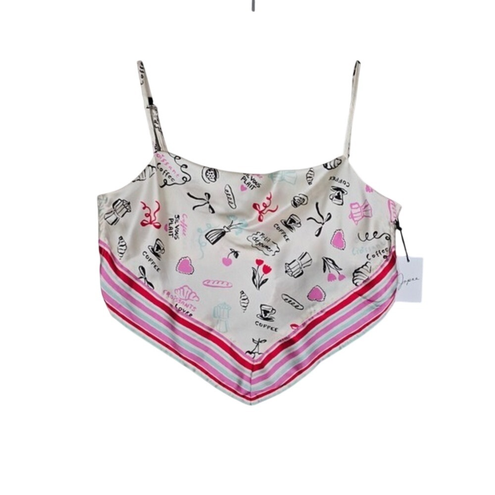 NWT Japna Women's Ivory Pink Parisian Bistro Croissant Print Tie Back Cami Top L